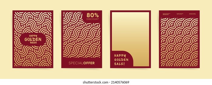 Golden week japan vertical poster template set for flyer, a4 placard, presentation, asian background, asian background. Golden week holiday promo layout in gold and red rich premium colors.