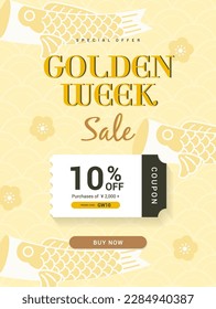 Golden Week Sale coupon template vector illustration. Japan Holidays. Koinobori (Carp streamers) on gold pattern background