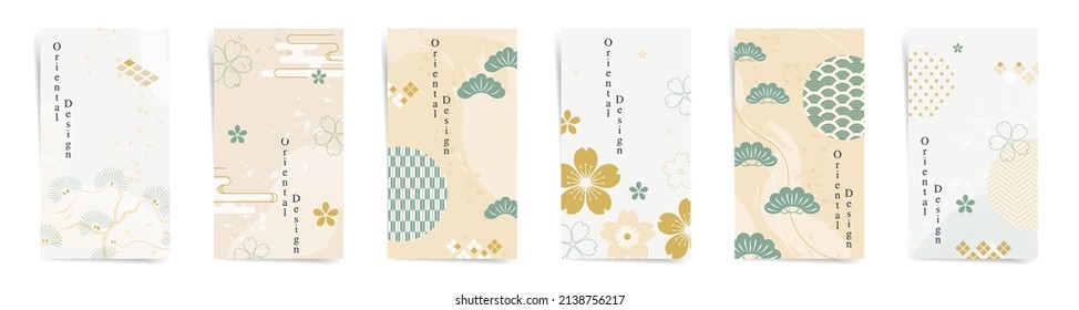 Golden week spring sale square post banners fashion template set. Japanese design sale promo posts. Design with wavy patterns, tradition style aesthetic elements in gold, beige, green colors set.