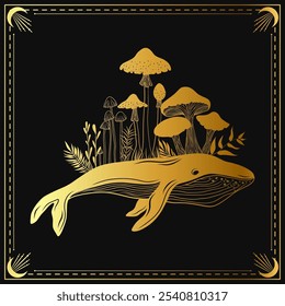 A golden whale swims gracefully beneath a canopy of vibrant mushrooms and foliage on a dark background