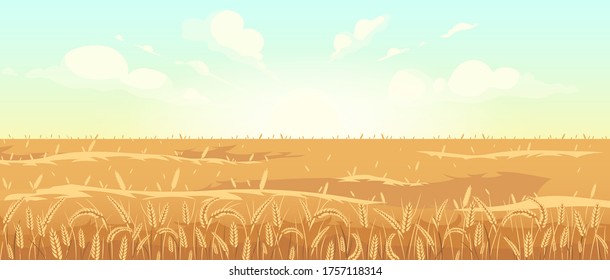 Golden wheat field flat color vector illustration. Harvest season 2D cartoon landscape. Sunrise in countryside. Agricultural area at dawn. Morning view of meadow with cereal plants