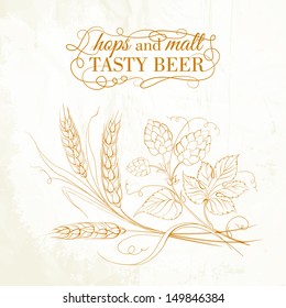 Golden wheat and hop on sepia. Vector illustration.