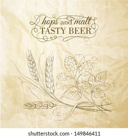 Golden wheat and hop on sepia. Vector illustration.