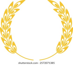 Golden wheat laurel creates a circular frame, symbolizing agriculture, harvest, success, and achievement, ideal for logos, emblems, and decorative elements