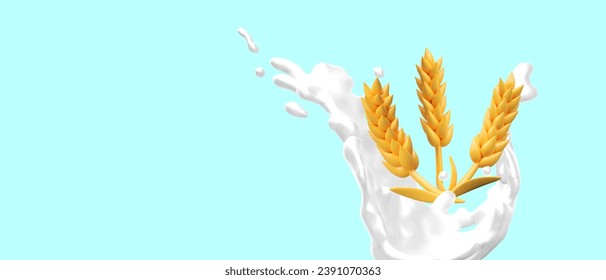 Golden wheat in splash of milk. Harvest concept. Food and natural product. Dairy products with grains, organic additives concept. Vector illustration in 3d style
