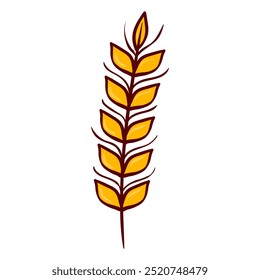 Golden wheat stalk. Yellow grains, brown stem, single brown leaf. Rye, flour, bakery, crops, harvest, farming, agriculture, food production, grain plant, organic, natural, autumn. Vector illustration