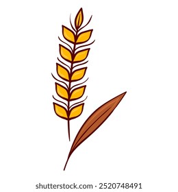 Golden wheat stalk. Yellow grains, brown stem, single brown leaf. Rye, flour, bakery, crops, harvest, farming, agriculture, food production, grain plant, organic, natural, autumn. Vector