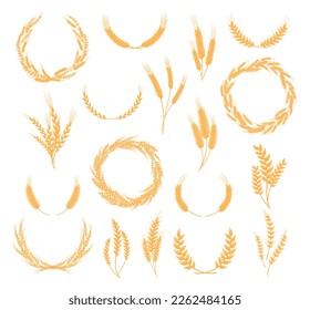 Golden wheat wreaths and ears set. Agricultural organic plant for bakery, bakehouse, farm market logo or label design cartoon vector illustration