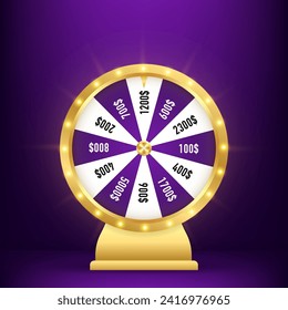 Golden wheel of fortune 3d realistic vector. Casino spinning fortune wheel vector banner template. Rotating roulette, lottery game poster layout. Jackpot Big Win. Fortune wheel. Vector illustration