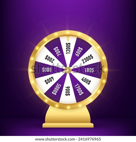 Golden wheel of fortune 3d realistic vector. Casino spinning fortune wheel vector banner template. Rotating roulette, lottery game poster layout. Jackpot Big Win. Fortune wheel. Vector illustration