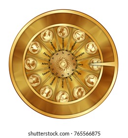 Golden wheel of fortune with astrological signs of the zodiac. Isolated objects.