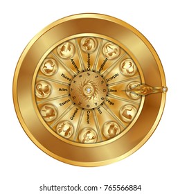 Golden wheel of fortune with astrological signs of the zodiac. Isolated objects.