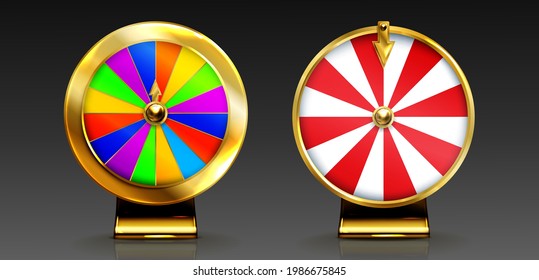 Golden wheel of fortune for lottery game or casino. Chance to win prize in lucky roulette. Vector realistic illustration of gold fortune wheel isolated on background