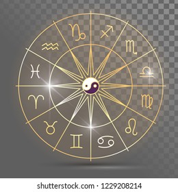 Golden wheel with twelve signs of the zodiac, astrology, esotericism, prediction of the future.