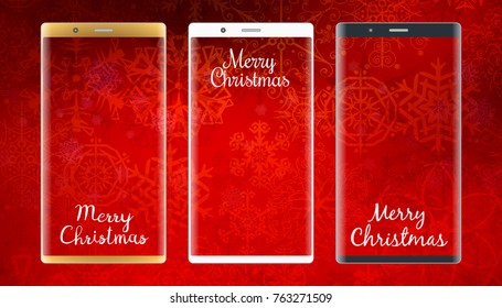 Golden, white and black smartphones with christmas background. Winter wallpaper. Vector illustration