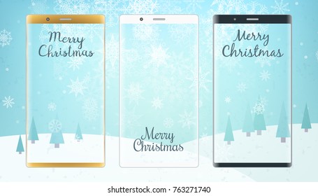 Golden, white and black smartphones with christmas background. Winter wallpaper. Vector illustration