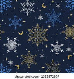 Golden, white, blue snowflakes in blue seamless pattern. Luxury New year background. Vector illustration