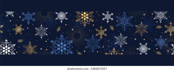 Golden, white, blue snowflakes in blue seamless border pattern. Golden leaves. Luxury New year background. Vector illustration