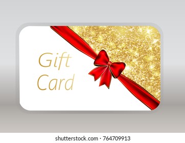 Golden and white christmas gift card. realistic red bow with ribbon.Shiny discount card.