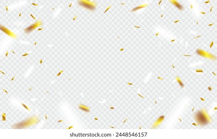 Golden and White confetti flying on transparent background for celebration party, Christmas, New Year, Carnival festivity, Valentine’s Day, Holiday, birthday, festive event decoration. Premium Vector.