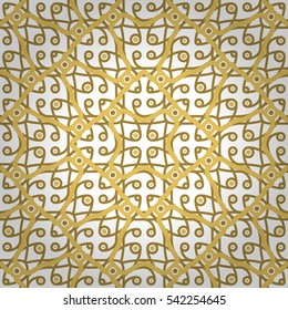 Golden white decorative seamless pattern in biologic style. Retro tracery. Colored, graphic design for wallpaper, textile, web or other purpose.