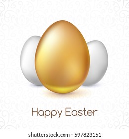 Golden and white Easter eggs with reflections and reflexes, volumetric 3D vector illustration. Party invitation template. Perfect for greeting card or elegant party invitation.