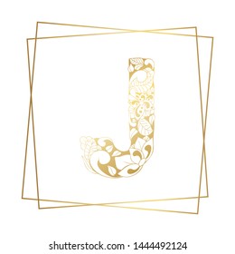 Golden and White Floral Ornamental Alphabet, Initial Letter J Font with Modern Stylized Frames. Abstract Lines Poster. Vector Typography Symbol for Gold Wedding. Monograms Isolated Design