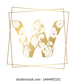 Golden and White Floral Ornamental Alphabet, Initial Letter W Font with Modern Stylized Frames. Abstract Lines Poster. Vector Typography Symbol for Gold Wedding. Monograms Isolated Design