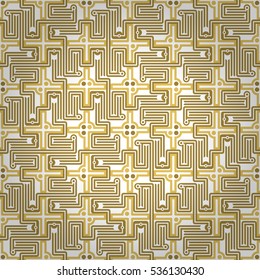 Golden white geometrical seamless pattern in quest style. Colored, symmetrical design for wallpaper, web, fabric or other purpose. Vector background. Flat mosaic repeatable backdrop.