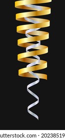 Golden and white glossy spiral ribbons on black background, Holiday and party serpentine decoration vector luxury design element