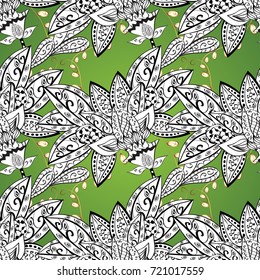 Golden white, green and black floral ornament in baroque style. Damask ornamental pattern repeating background. Golden element on white, green and black colors. Antique golden repeatable wallpaper.