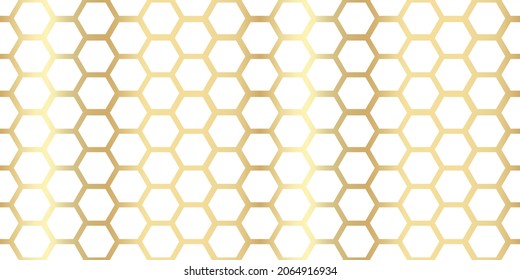 Golden-weiße Honigwabenartige, nahtlose Vektormuster. Hexagon-Formlinien mit metallischer goldener Textur. Geometrisches, modernes, abstraktes Design. Wiederholte Hintergrundhintergrund-Textur. 