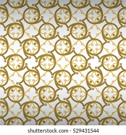 Golden white ornamental seamless pattern background in tracery style. Complex tessellated repeatable backdrop. Colored, graphical design for surface, carpet, web or other purpose. Modern decor.