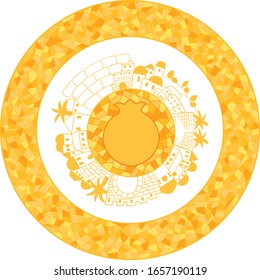 Golden and white outline old city skyline panoramic landscape with pomegranate copy space shape on mosaic circle center inside mosaic round frame 