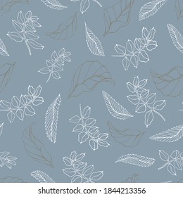 The golden and white outlines of the leaves of acacia, willow and birch. Vector illustration is drawn by hand. Leaves are scattered over the surface.