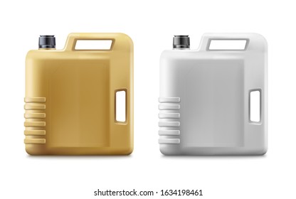 Golden and white plastic canister for food and chemical liquid products mockup, realistic vector illustration isolated on white background. Engine oil containers.