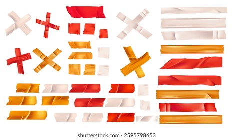 Golden, white and red ribbon tapes. Sticker label design. 3d style. Vector illustration isolated on white background.