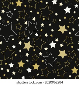 Golden white shining stars in random order against the background of the night sky. Seamless star pattern for christmas and new year. Festive background for invitation. Template for wallpaper