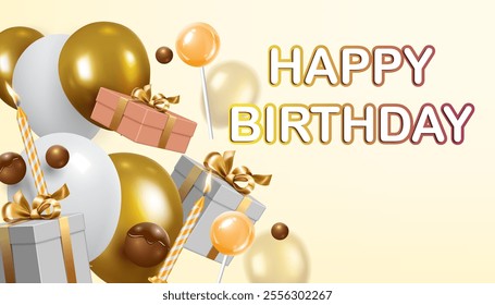 golden and white shiny balloons,birthday candles,gift boxes,lollipops and chocolate balls flying on the light yellows background.happy birthday celebration greeting card vector illustration.