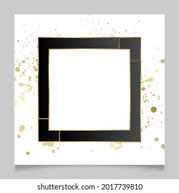 Golden and white shiny glowing blank square frame. Gold paint splatter metal luxury blank border. Vector background illustration template.
