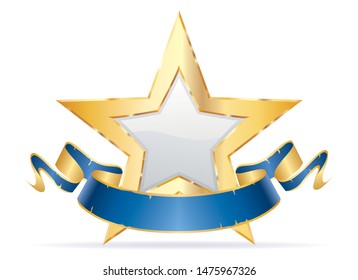 golden white star with blank grunge blue banner, commercial success icon