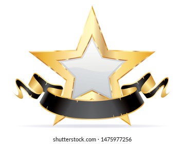 golden white star with blank grunge black banner, commercial success icon