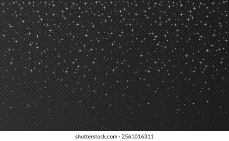 Golden and white stars in night sky. Universe starry pattern. Shiny gold particles and glittering dust texture. Vector space illustration. Christmas light effect, holidays background.