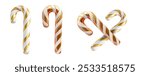 Golden and white striped 3d candy canes in a festive design. Shiny, decorative holiday candies add a joyful and luxurious touch to any seasonal project or celebration theme. Perfect for Christmas