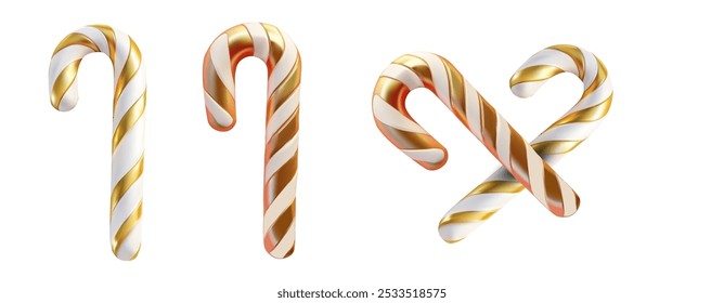 Golden and white striped 3d candy canes in a festive design. Shiny, decorative holiday candies add a joyful and luxurious touch to any seasonal project or celebration theme. Perfect for Christmas