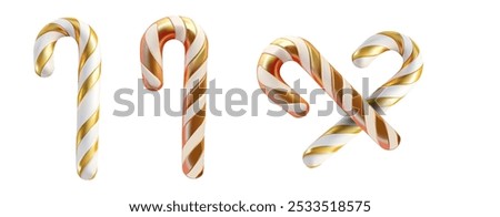 Golden and white striped 3d candy canes in a festive design. Shiny, decorative holiday candies add a joyful and luxurious touch to any seasonal project or celebration theme. Perfect for Christmas