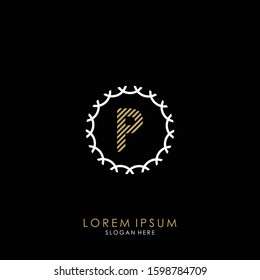Golden and white vector frame with letter P