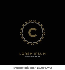 Golden and white vector frame with letter C