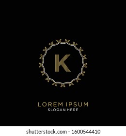 Golden and white vector frame with letter K