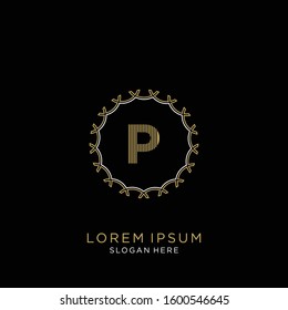 Golden and white vector frame with letter P